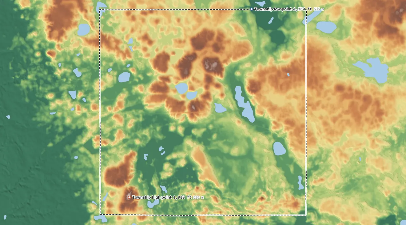 Topographic elevation map of Spring Valley Township, Clark County, South Dakota, shaded from 1,750 ft on the north side to 1,910 ft on the southwest side