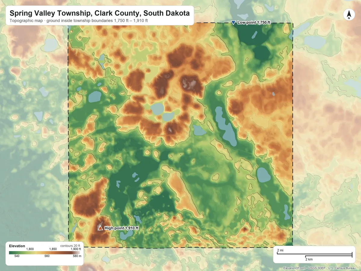 Topographic elevation map of Spring Valley Township, Clark County, South Dakota, shaded from 1,750 ft on the north side to 1,910 ft on the southwest side