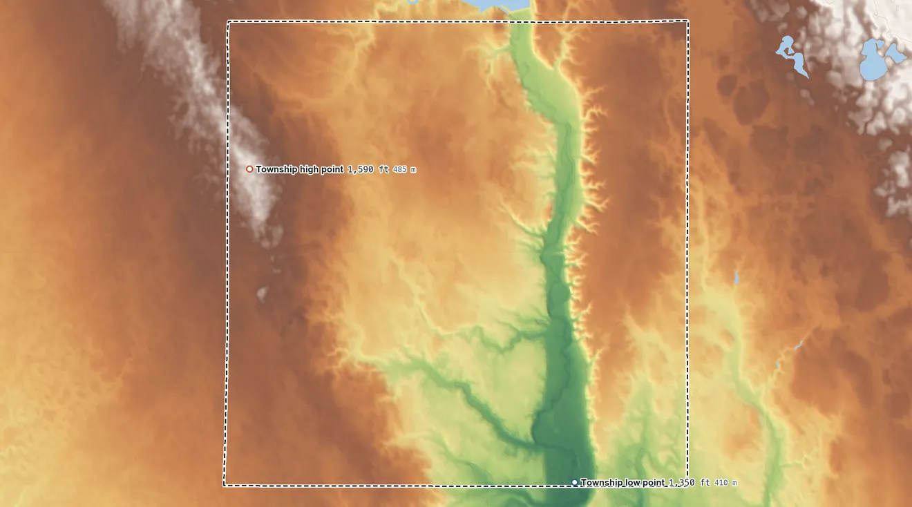 Topographic elevation map of Spring Valley Township, South Dakota, shaded from 1,350 ft on the south side to 1,590 ft on the west side
