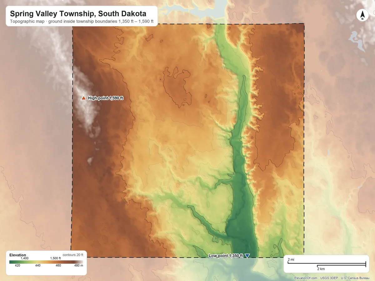 Topographic elevation map of Spring Valley Township, South Dakota, shaded from 1,350 ft on the south side to 1,590 ft on the west side