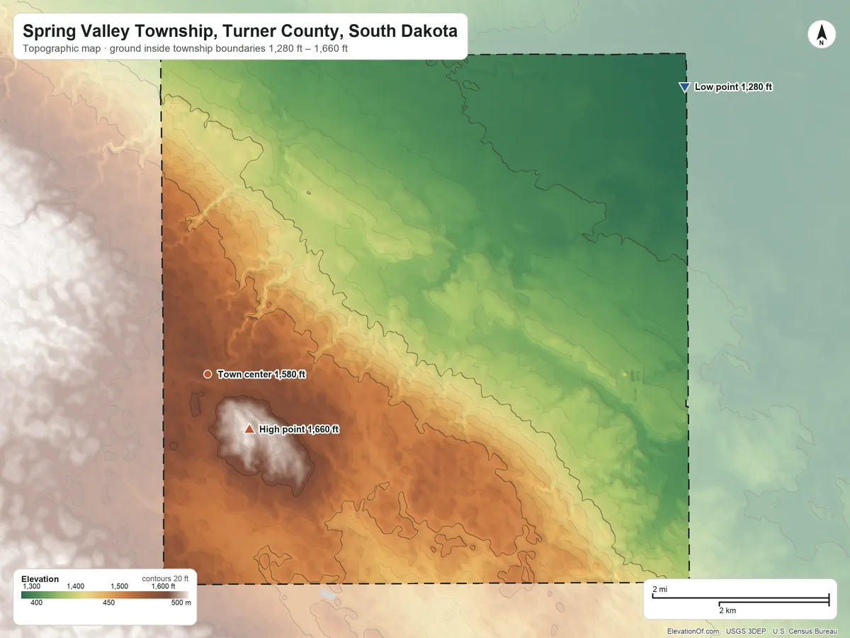 Topographic elevation map of Spring Valley Township, Turner County, South Dakota, shaded from 1,280 ft on the northeast side to 1,660 ft near the middle