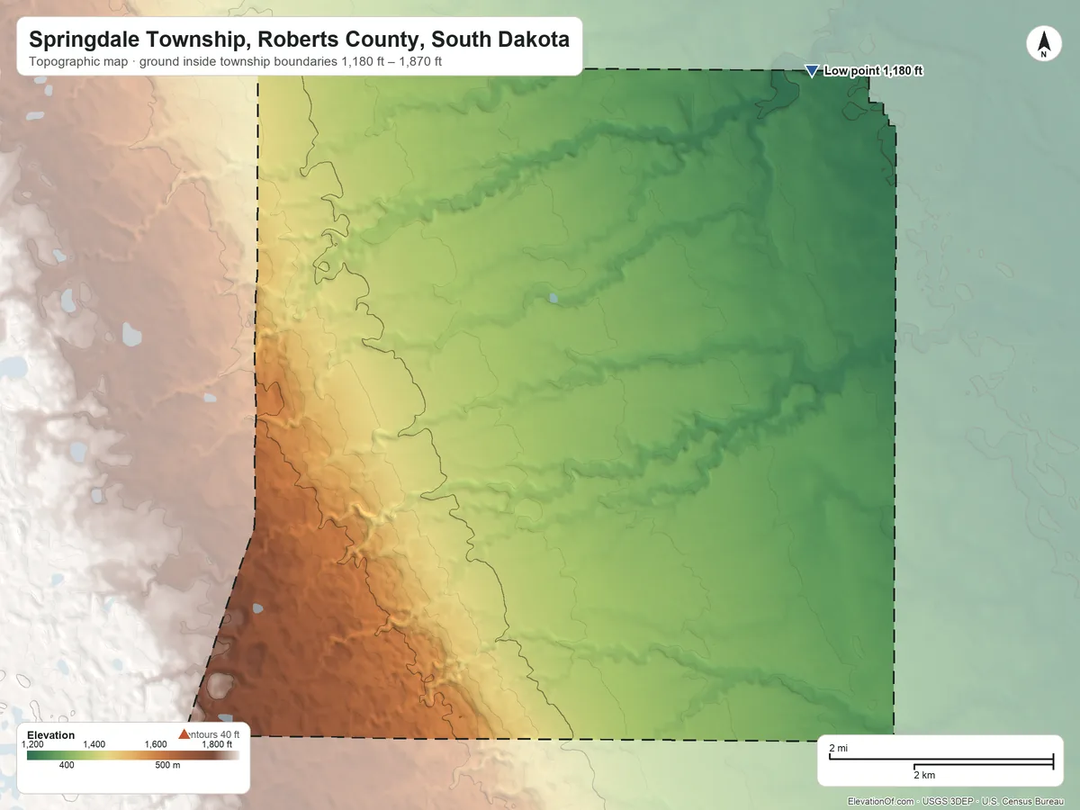 Topographic elevation map of Springdale Township, Roberts County, South Dakota, shaded from 1,180 ft on the northeast side to 1,870 ft on the southwest side