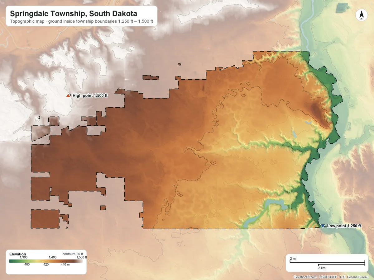 Topographic elevation map of Springdale Township, South Dakota, shaded from 1,250 ft on the southeast side to 1,500 ft on the west side