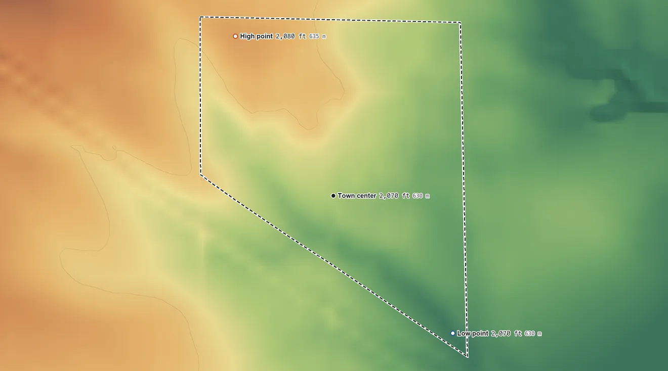 Topographic elevation map of St. Charles, South Dakota, shaded from 2,070 ft on the southeast side to 2,080 ft on the northwest side