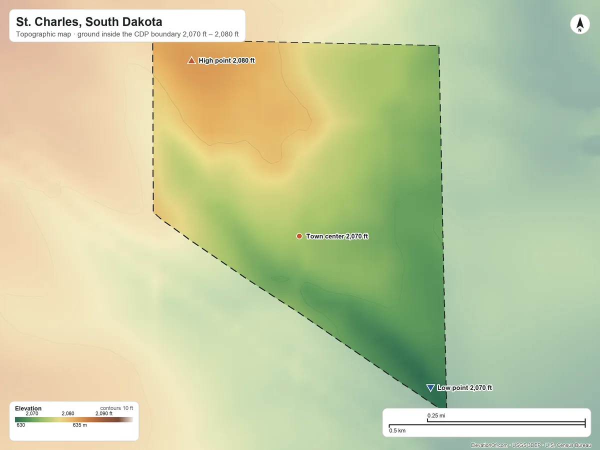 Topographic elevation map of St. Charles, South Dakota, shaded from 2,070 ft on the southeast side to 2,080 ft on the northwest side