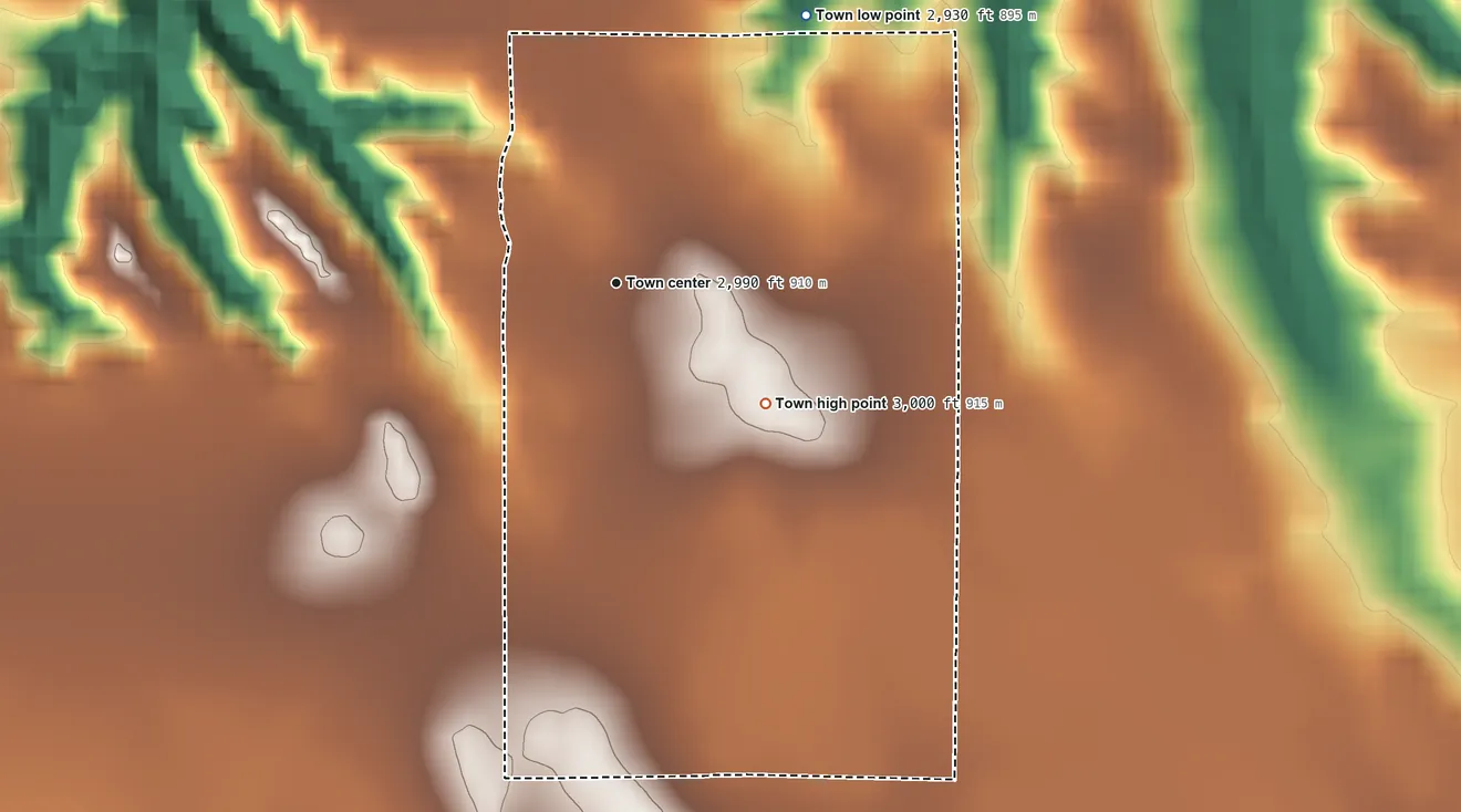 Topographic elevation map of St. Francis, South Dakota, shaded from 2,930 ft on the northeast side to 3,000 ft on the southeast side