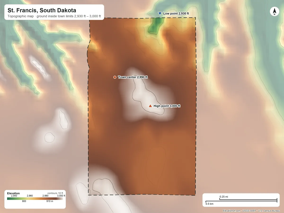 Topographic elevation map of St. Francis, South Dakota, shaded from 2,930 ft on the northeast side to 3,000 ft on the southeast side