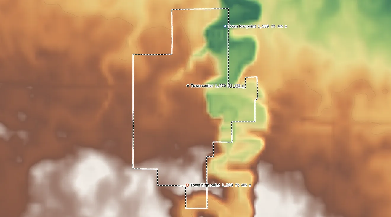 Topographic elevation map of St. Lawrence, South Dakota, shaded from 1,530 ft on the northeast side to 1,580 ft on the south side