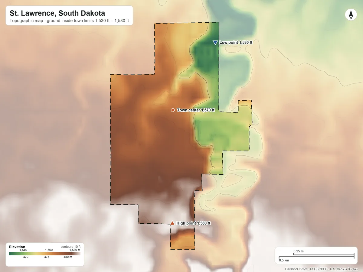 Topographic elevation map of St. Lawrence, South Dakota, shaded from 1,530 ft on the northeast side to 1,580 ft on the south side