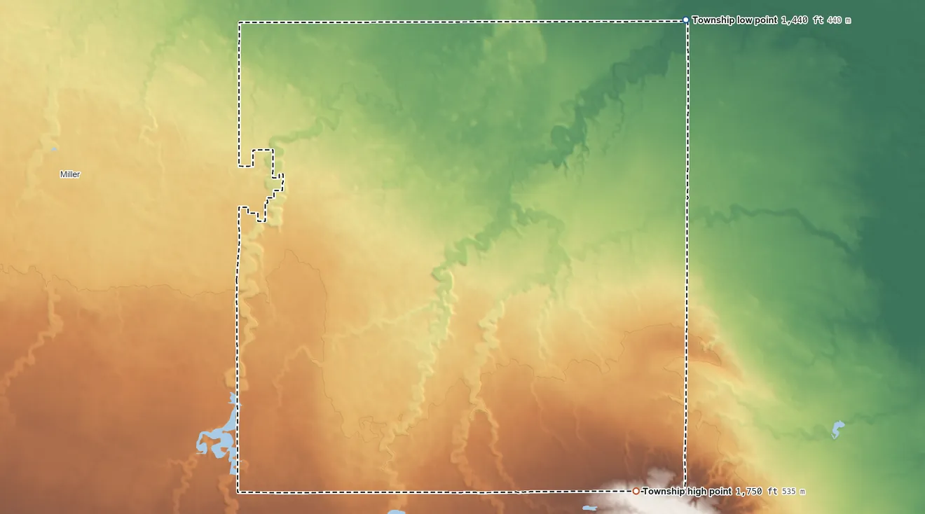 Topographic elevation map of St. Lawrence Township, South Dakota, shaded from 1,440 ft on the northeast side to 1,750 ft on the southeast side