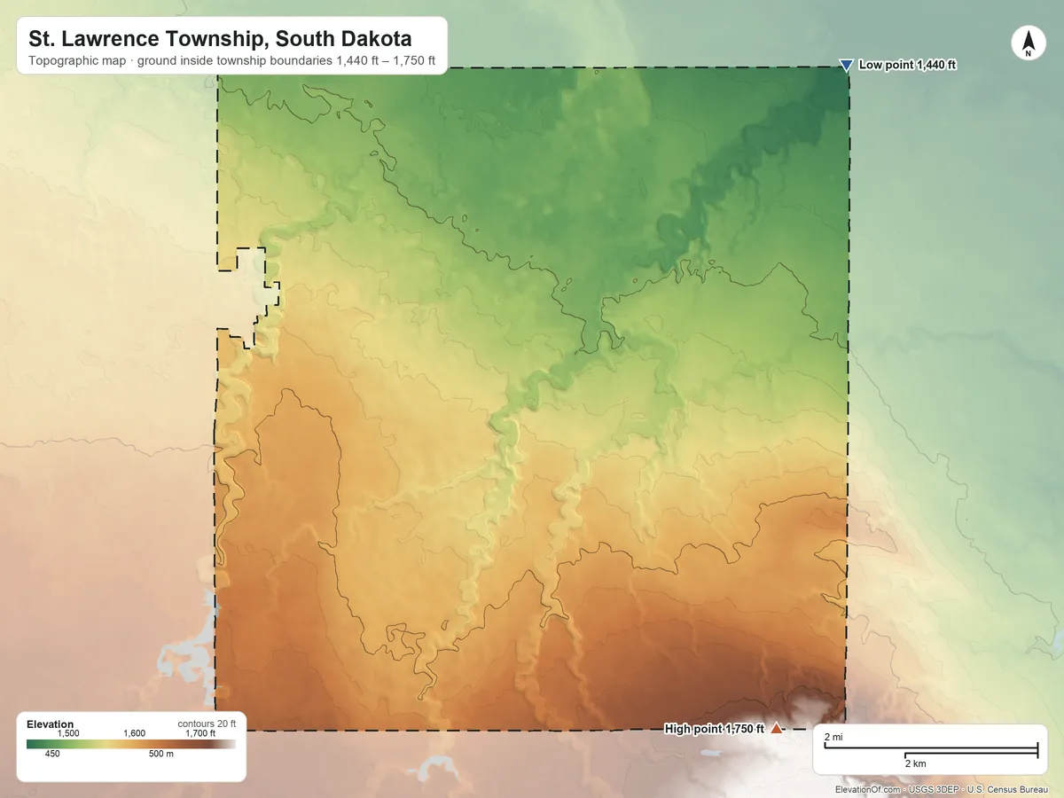 Topographic elevation map of St. Lawrence Township, South Dakota, shaded from 1,440 ft on the northeast side to 1,750 ft on the southeast side