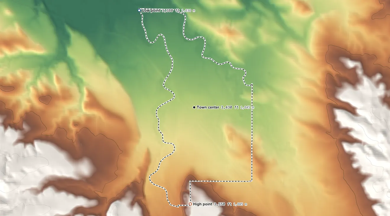 Topographic elevation map of St. Onge, South Dakota, shaded from 3,380 ft on the northwest side to 3,550 ft on the south side