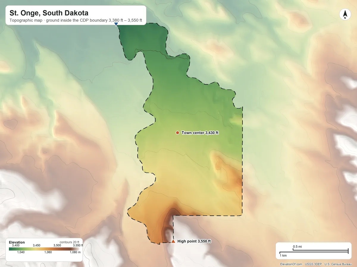 Topographic elevation map of St. Onge, South Dakota, shaded from 3,380 ft on the northwest side to 3,550 ft on the south side