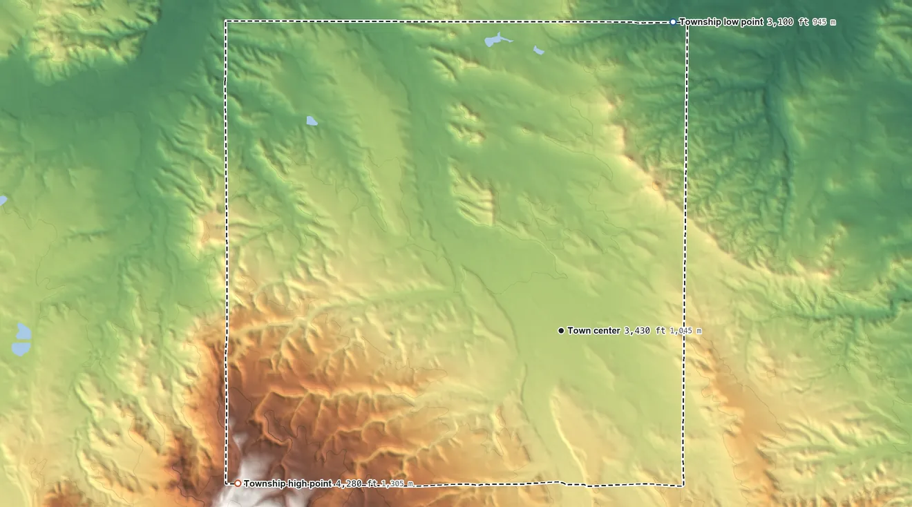 Topographic elevation map of St. Onge Township, South Dakota, shaded from 3,100 ft on the north side to 4,280 ft on the southwest side