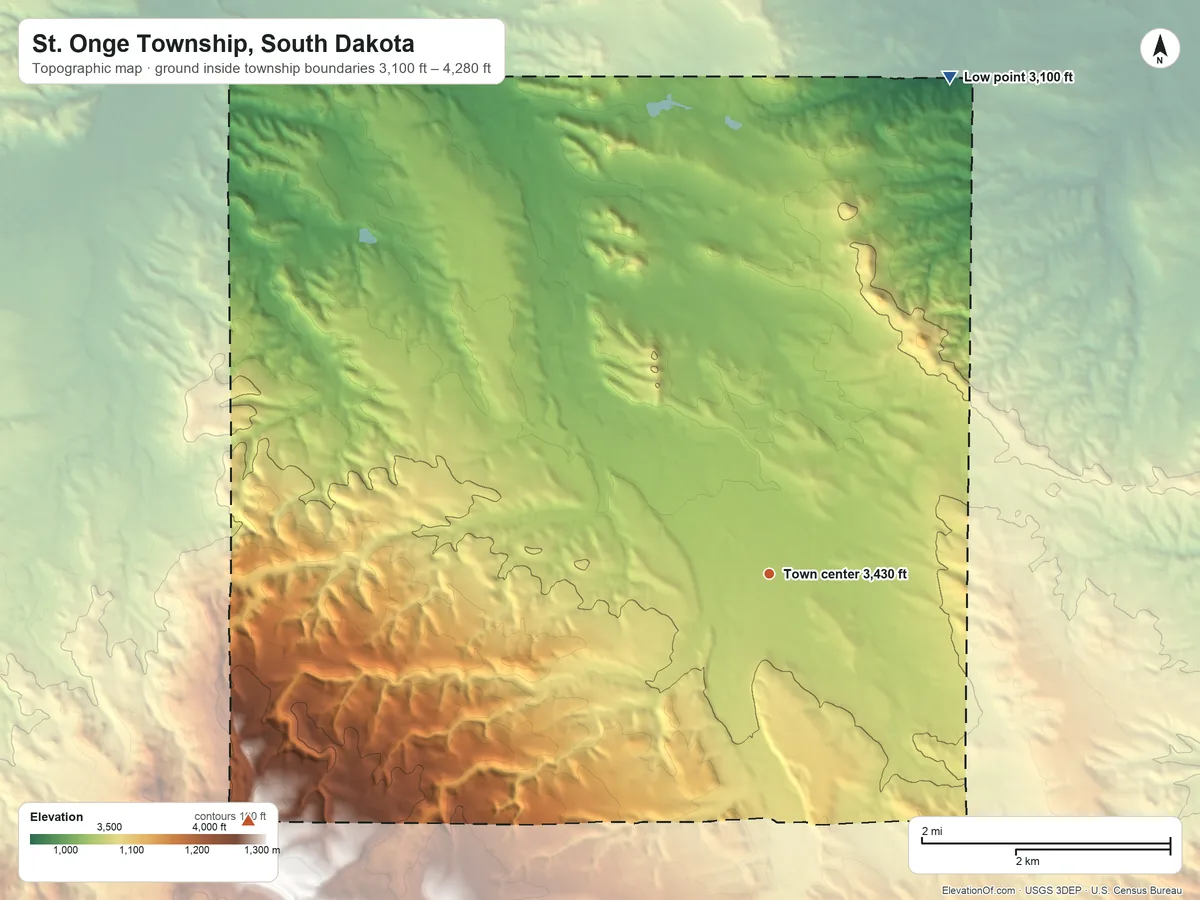 Topographic elevation map of St. Onge Township, South Dakota, shaded from 3,100 ft on the north side to 4,280 ft on the southwest side