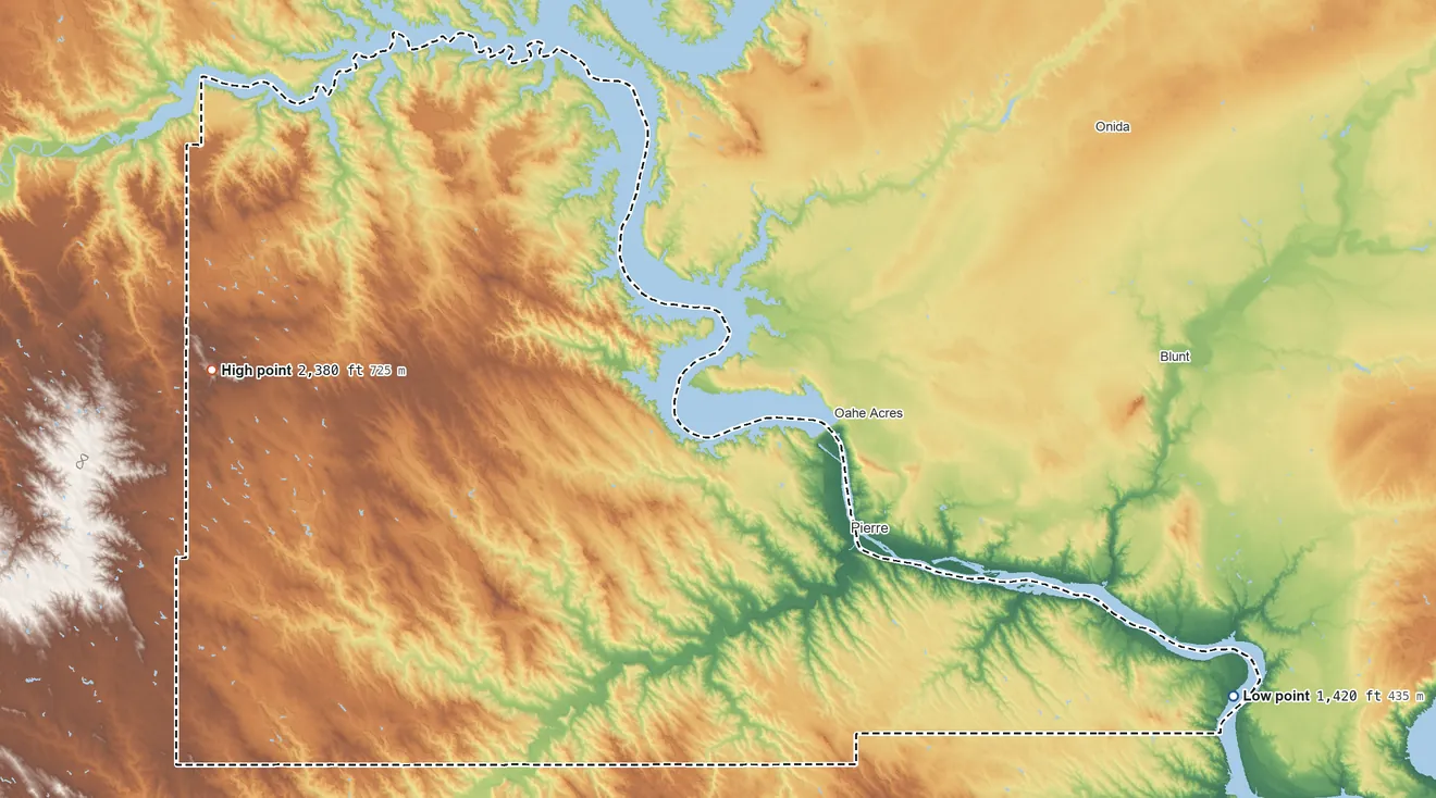 Topographic elevation map of Stanley County, South Dakota, shaded from 1,420 ft on the southeast side to 2,380 ft on the west side