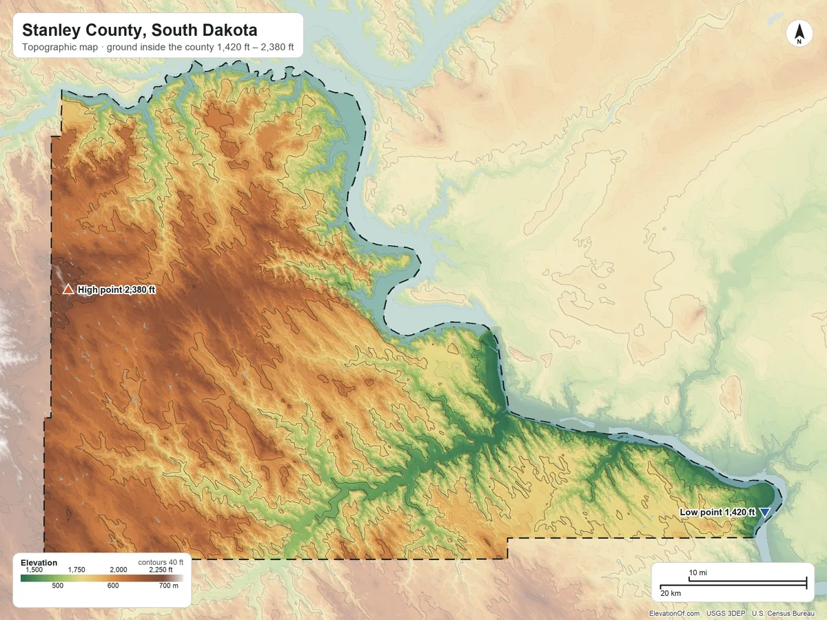 Topographic elevation map of Stanley County, South Dakota, shaded from 1,420 ft on the southeast side to 2,380 ft on the west side