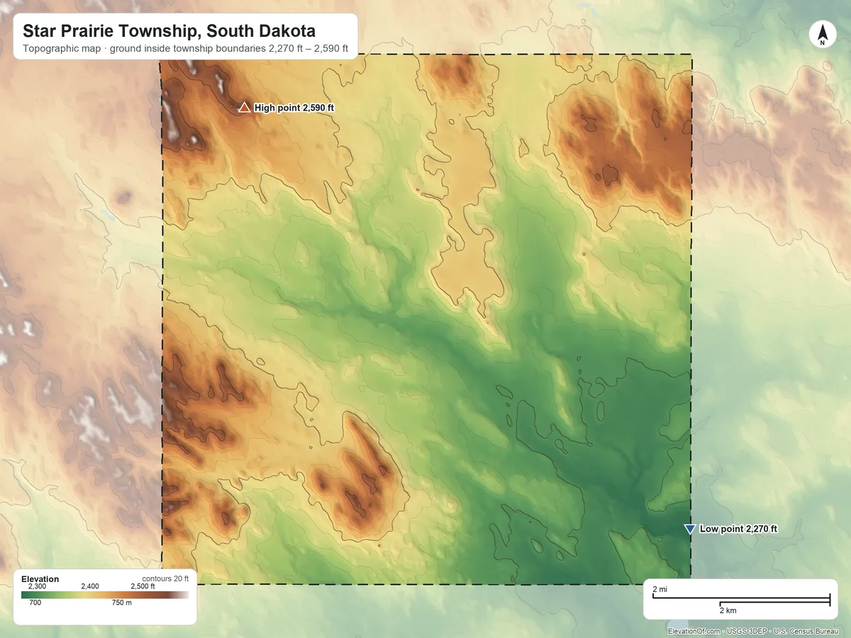 Topographic elevation map of Star Prairie Township, South Dakota, shaded from 2,270 ft on the southeast side to 2,590 ft on the north side