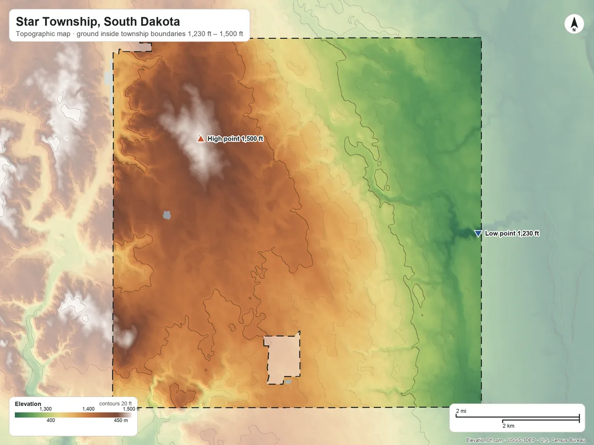 Topographic elevation map of Star Township, South Dakota, shaded from 1,230 ft on the east side to 1,500 ft on the northwest side