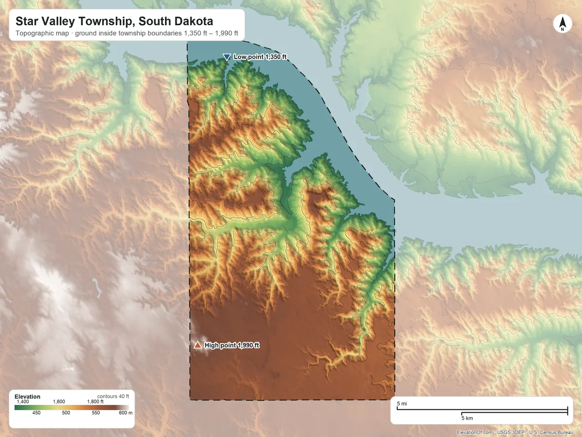 Topographic elevation map of Star Valley Township, South Dakota, shaded from 1,350 ft on the north side to 1,990 ft on the west side