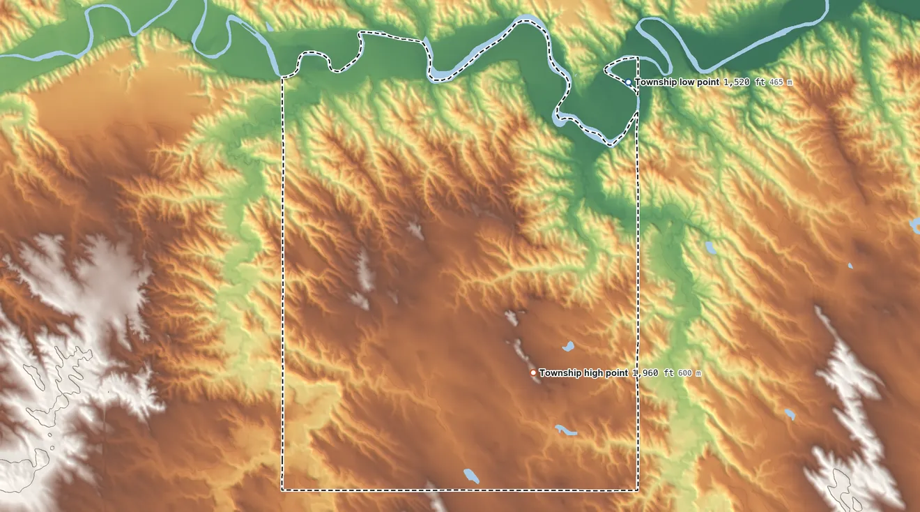 Topographic elevation map of Star Valley Township, Tripp County, South Dakota, shaded from 1,520 ft on the northeast side to 1,960 ft on the east side
