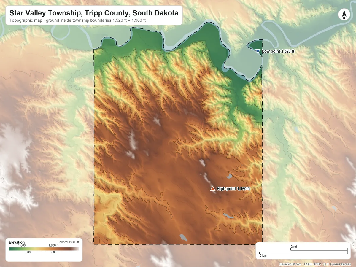 Topographic elevation map of Star Valley Township, Tripp County, South Dakota, shaded from 1,520 ft on the northeast side to 1,960 ft on the east side