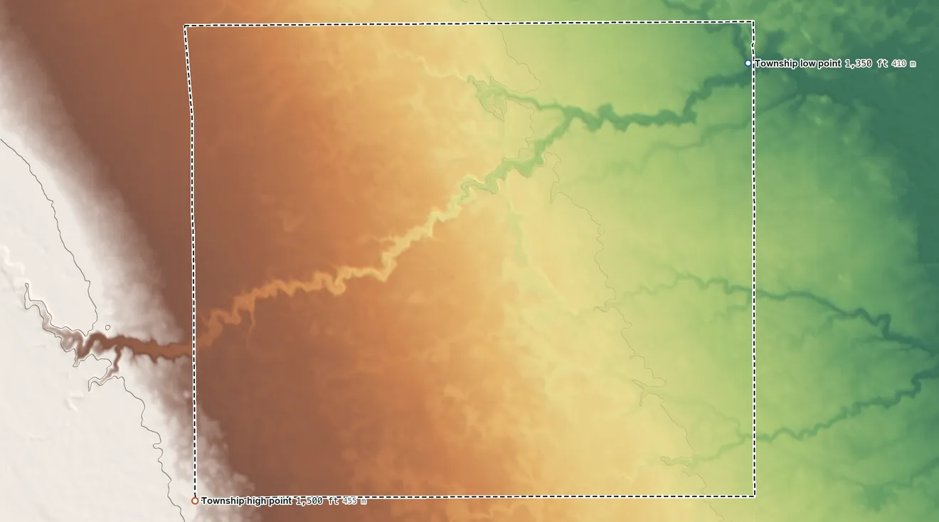 Topographic elevation map of Starr Township, South Dakota, shaded from 1,350 ft on the northeast side to 1,500 ft on the southwest side