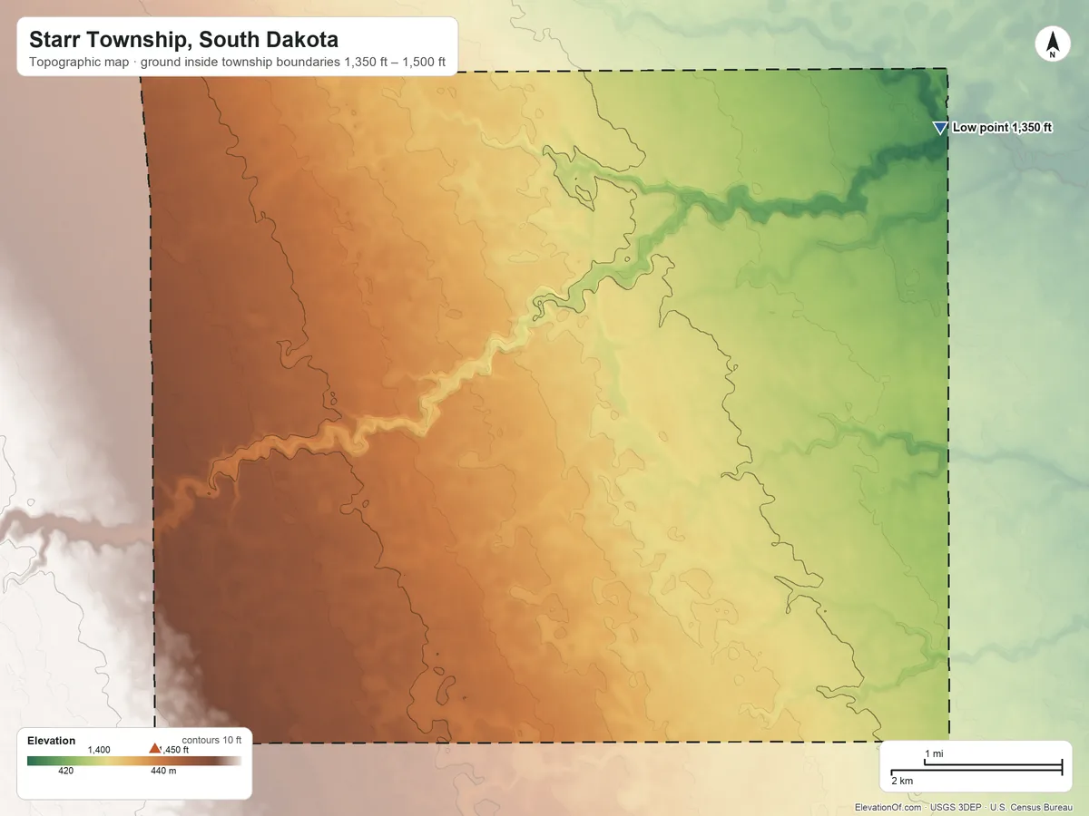 Topographic elevation map of Starr Township, South Dakota, shaded from 1,350 ft on the northeast side to 1,500 ft on the southwest side