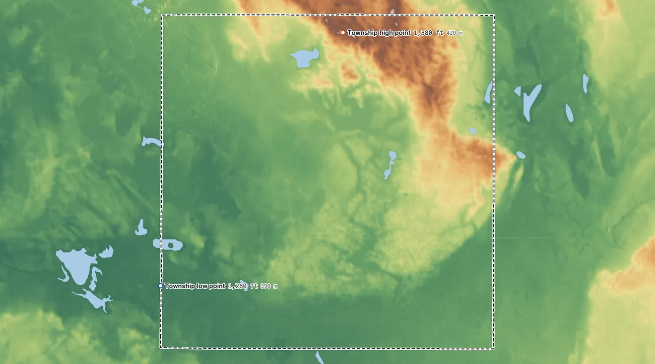Topographic elevation map of Stena Township, South Dakota, shaded from 1,280 ft on the southwest side to 1,380 ft on the northwest side