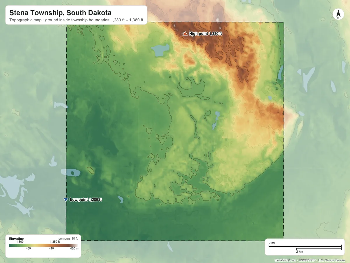 Topographic elevation map of Stena Township, South Dakota, shaded from 1,280 ft on the southwest side to 1,380 ft on the northwest side
