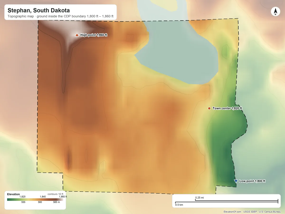 Topographic elevation map of Stephan, South Dakota, shaded from 1,800 ft on the south side to 1,860 ft on the northwest side