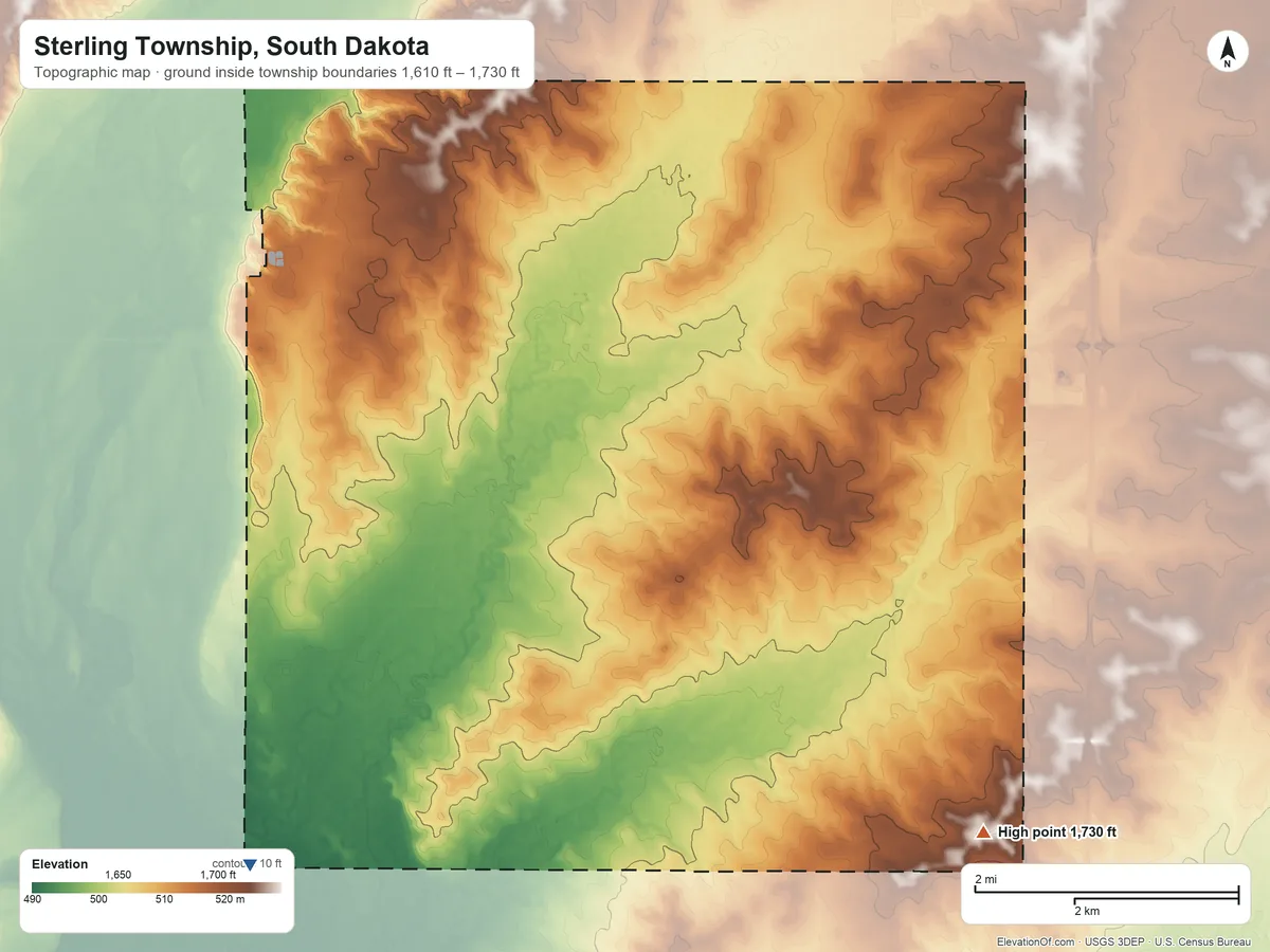 Topographic elevation map of Sterling Township, South Dakota, shaded from 1,610 ft on the southwest side to 1,730 ft on the southeast side
