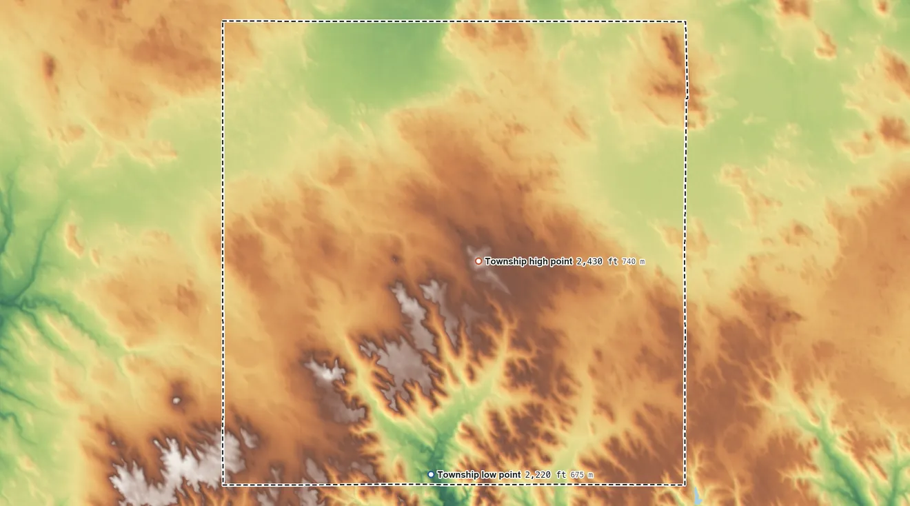 Topographic elevation map of Stewart Township, South Dakota, shaded from 2,220 ft on the south side to 2,430 ft on the southeast side