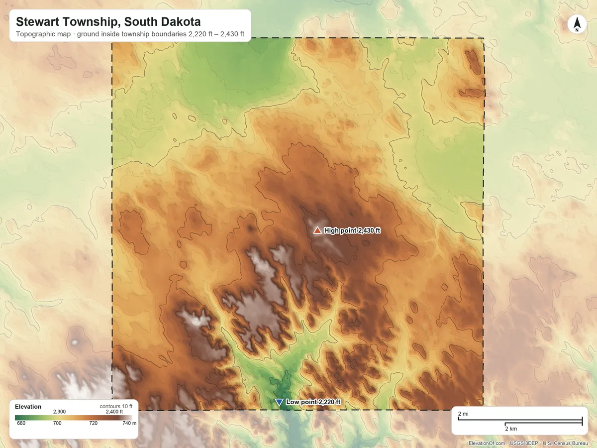 Topographic elevation map of Stewart Township, South Dakota, shaded from 2,220 ft on the south side to 2,430 ft on the southeast side
