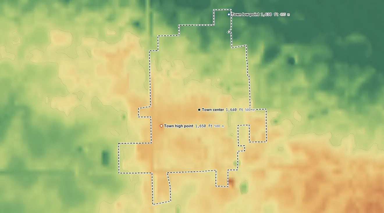 Topographic elevation map of Stickney, South Dakota, shaded from 1,630 ft on the north side to 1,650 ft on the southwest side