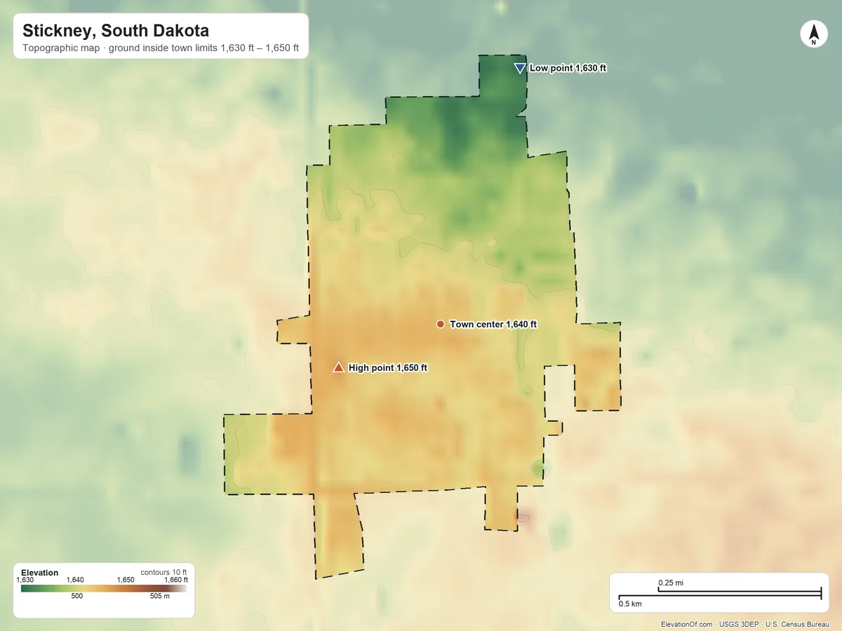 Topographic elevation map of Stickney, South Dakota, shaded from 1,630 ft on the north side to 1,650 ft on the southwest side