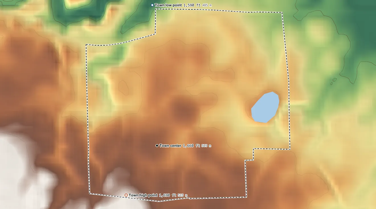 Topographic elevation map of Stockholm, South Dakota, shaded from 1,590 ft on the north side to 1,690 ft on the southwest side