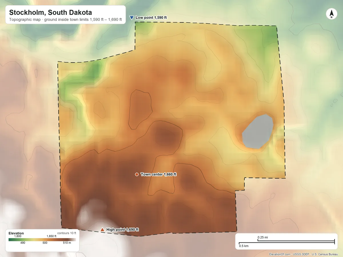 Topographic elevation map of Stockholm, South Dakota, shaded from 1,590 ft on the north side to 1,690 ft on the southwest side