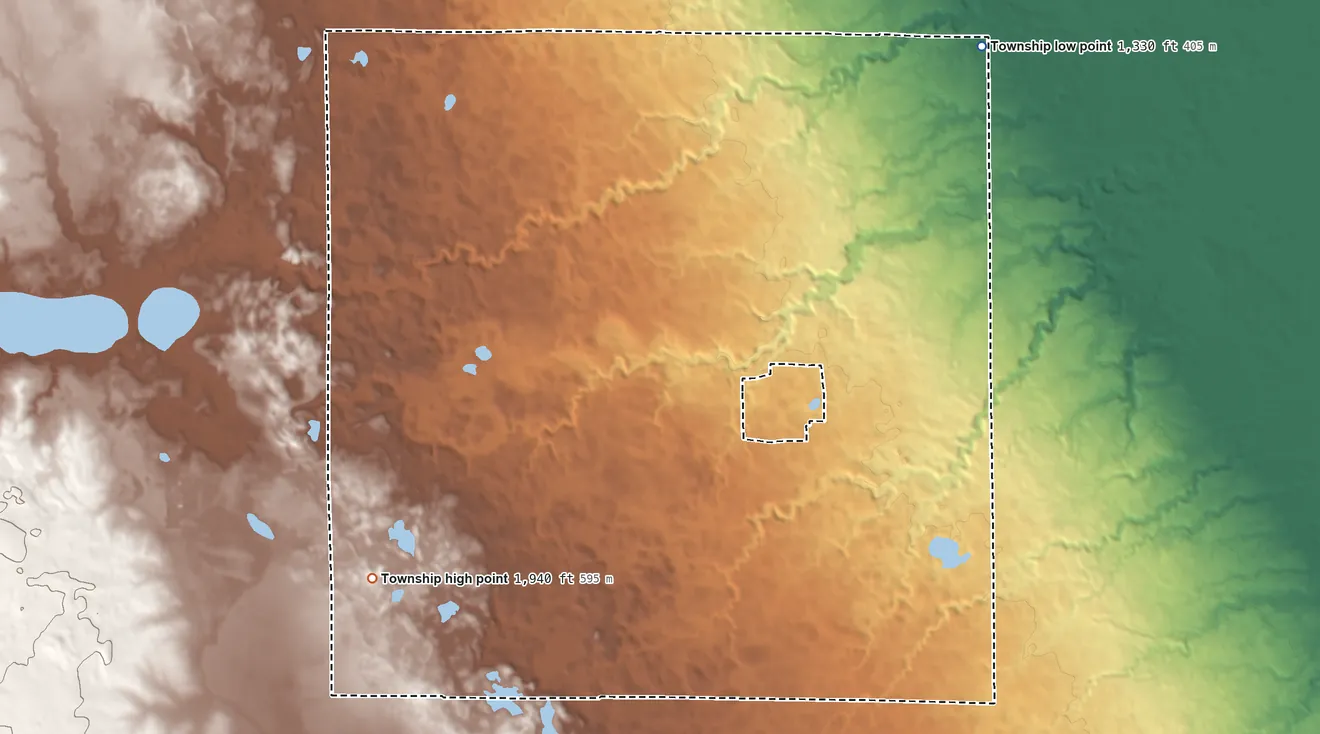 Topographic elevation map of Stockholm Township, South Dakota, shaded from 1,330 ft on the northeast side to 1,940 ft on the southwest side
