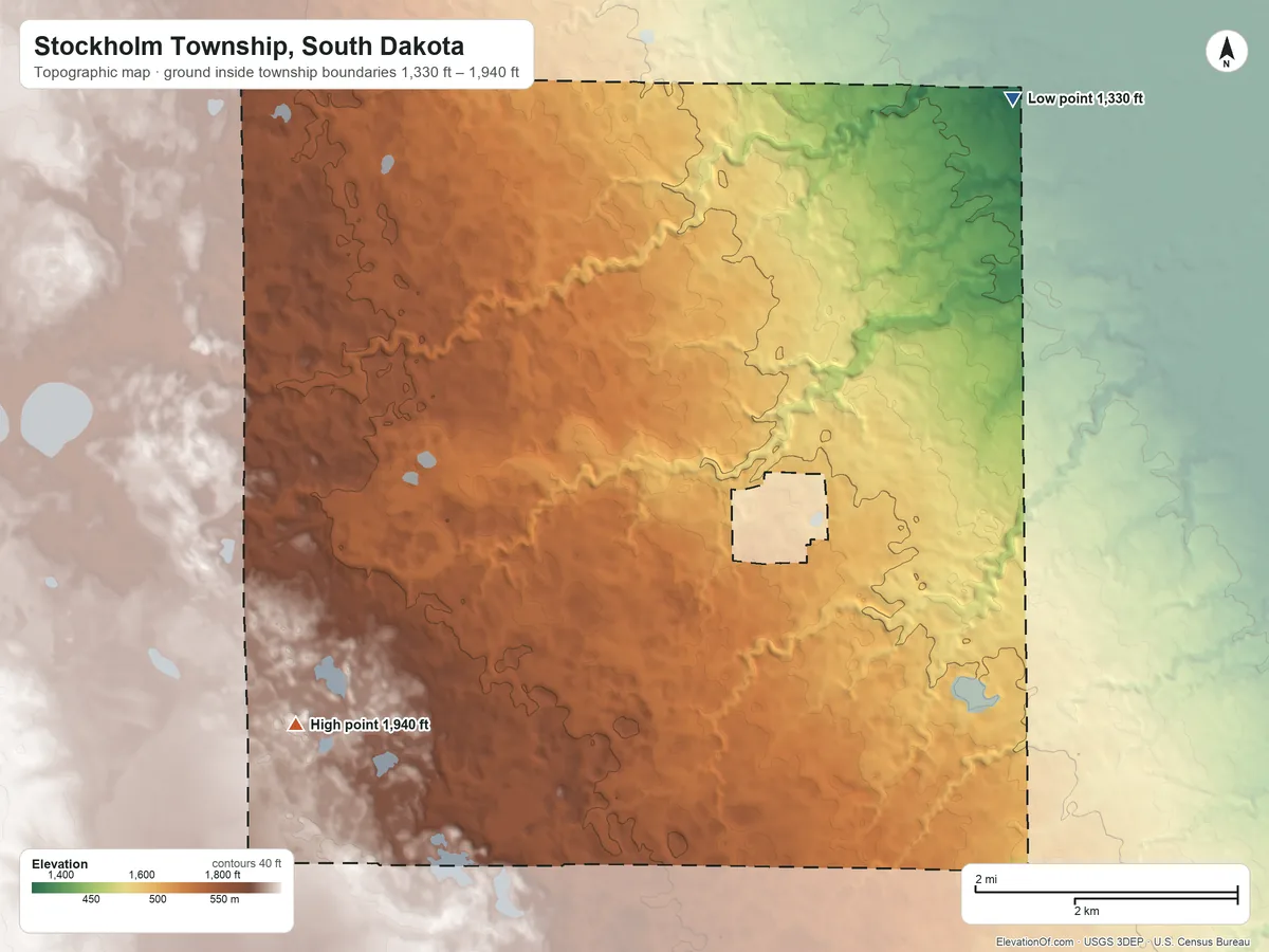 Topographic elevation map of Stockholm Township, South Dakota, shaded from 1,330 ft on the northeast side to 1,940 ft on the southwest side