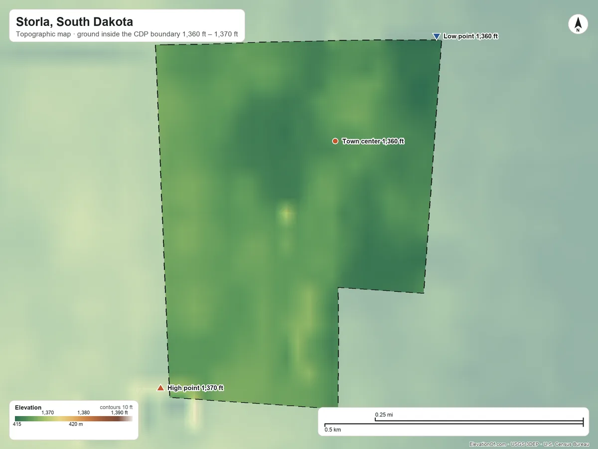 Topographic elevation map of Storla, South Dakota, shaded from 1,360 ft on the northeast side to 1,370 ft on the southwest side
