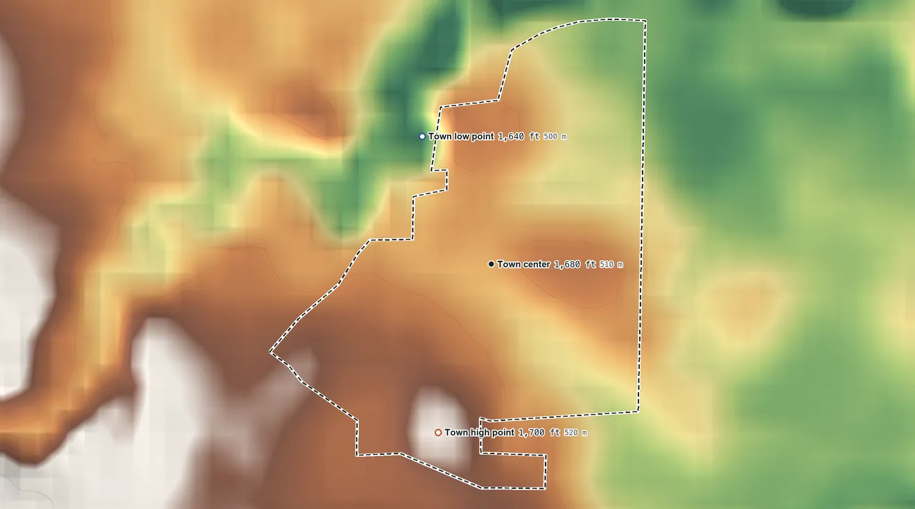 Topographic elevation map of Strandburg, South Dakota, shaded from 1,640 ft on the northwest side to 1,700 ft on the south side