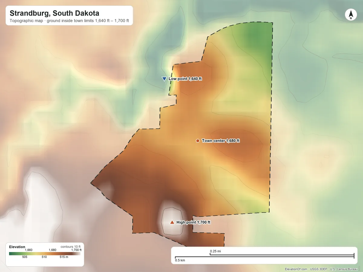 Topographic elevation map of Strandburg, South Dakota, shaded from 1,640 ft on the northwest side to 1,700 ft on the south side