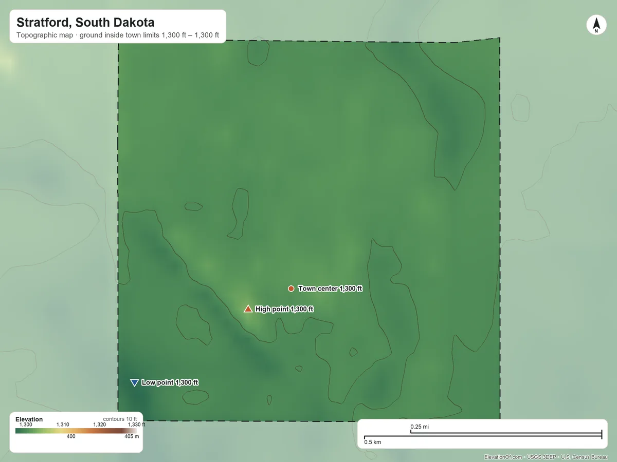Topographic elevation map of Stratford, South Dakota, shaded from 1,300 ft on the southwest side to 1,300 ft near the middle