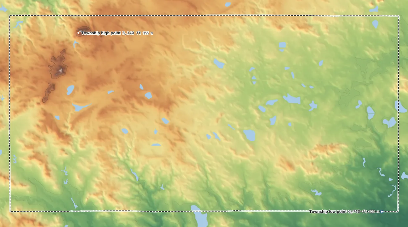 Topographic elevation map of Strool-Plateau Township, South Dakota, shaded from 2,710 ft on the southeast side to 3,140 ft on White Hill
