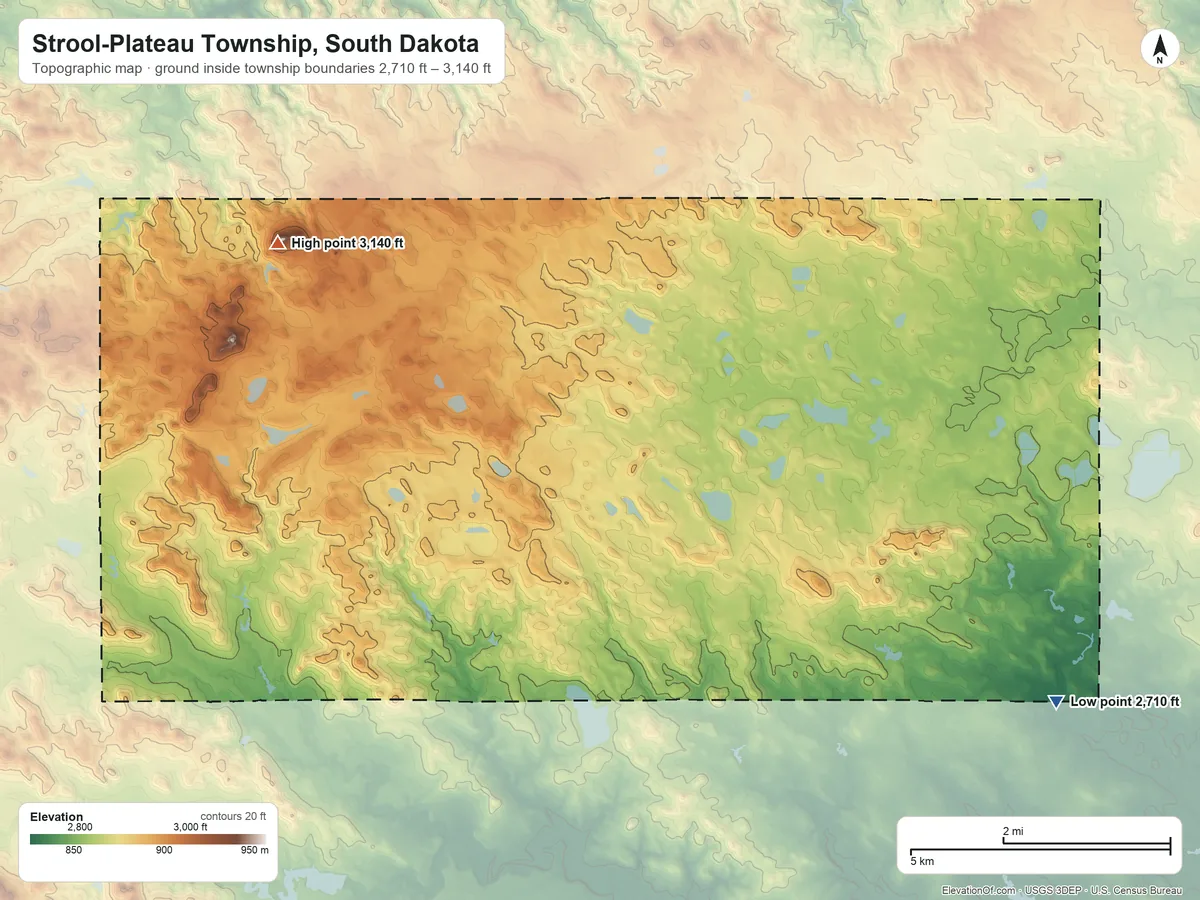 Topographic elevation map of Strool-Plateau Township, South Dakota, shaded from 2,710 ft on the southeast side to 3,140 ft on White Hill