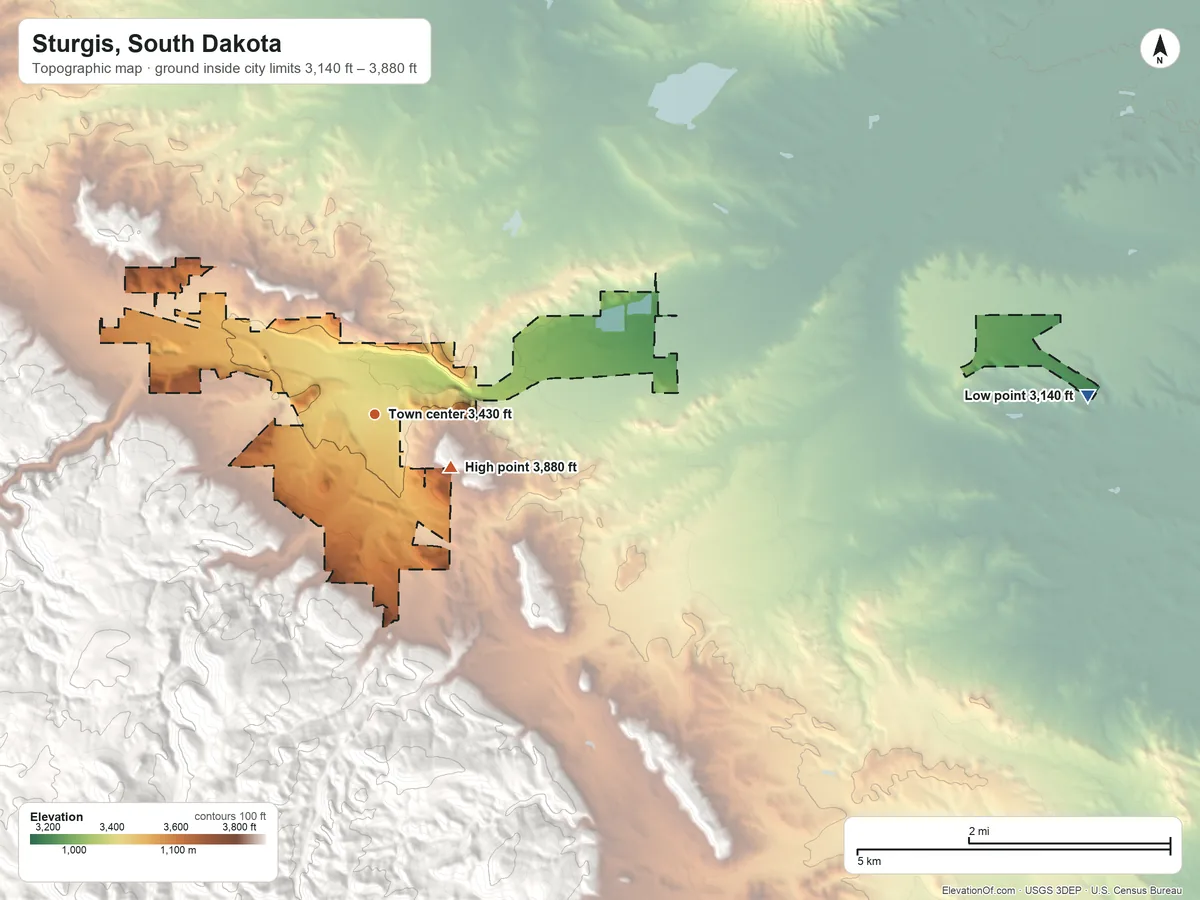 Topographic elevation map of Sturgis, South Dakota, shaded from 3,140 ft on the east side to 3,880 ft near the middle