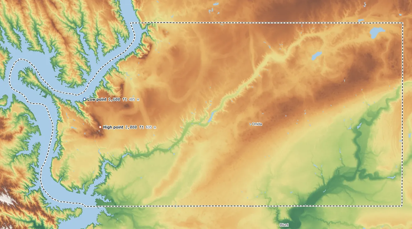 Topographic elevation map of Sully County, South Dakota, shaded from 1,600 ft on the west side to 2,080 ft on the west side