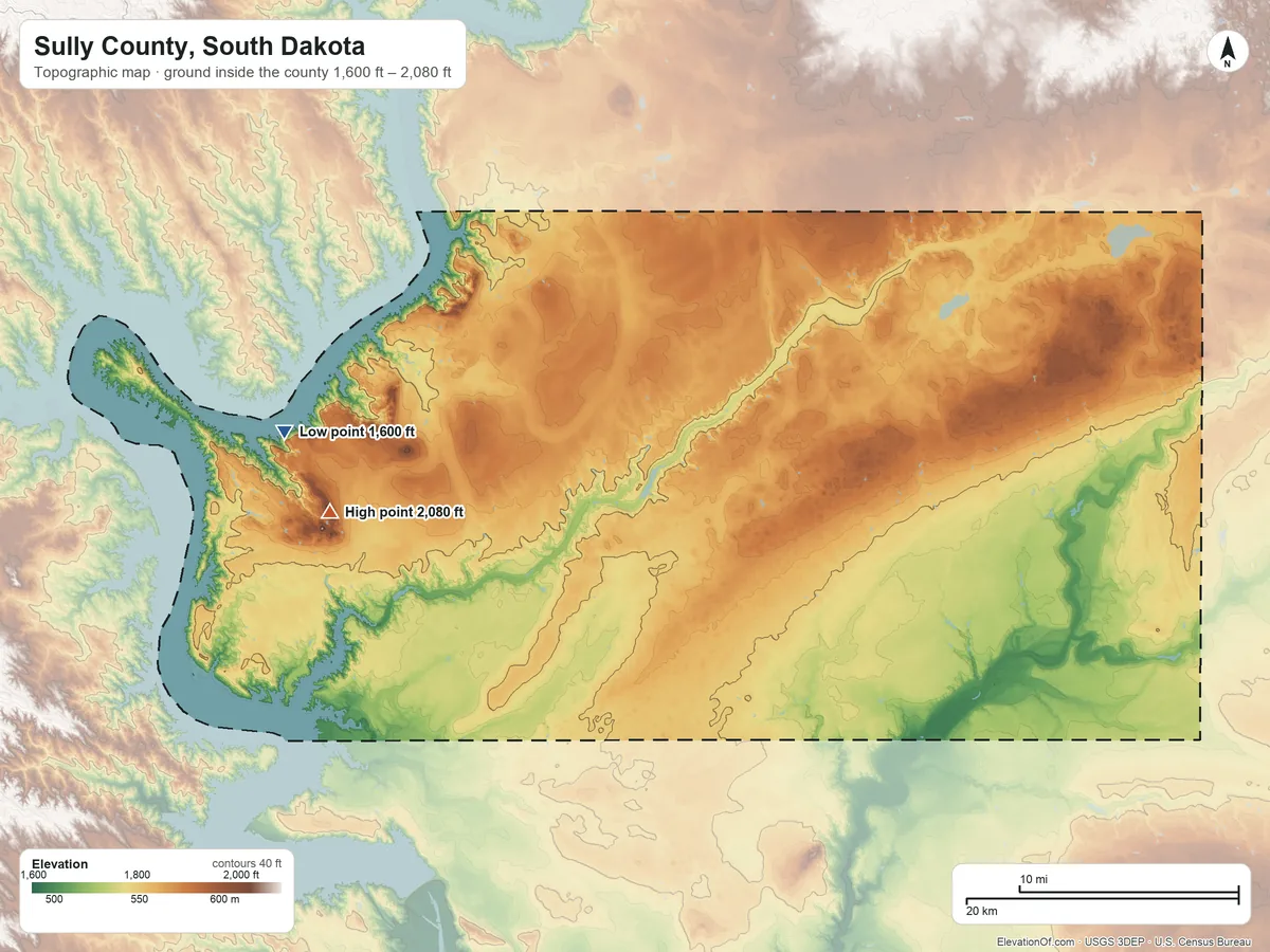 Topographic elevation map of Sully County, South Dakota, shaded from 1,600 ft on the west side to 2,080 ft on the west side