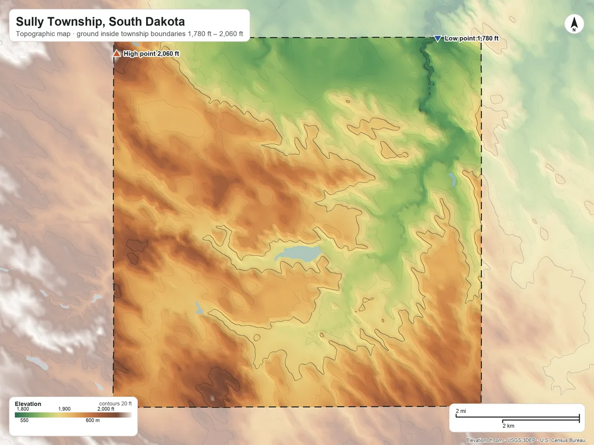 Topographic elevation map of Sully Township, South Dakota, shaded from 1,780 ft on the north side to 2,060 ft on the northwest side